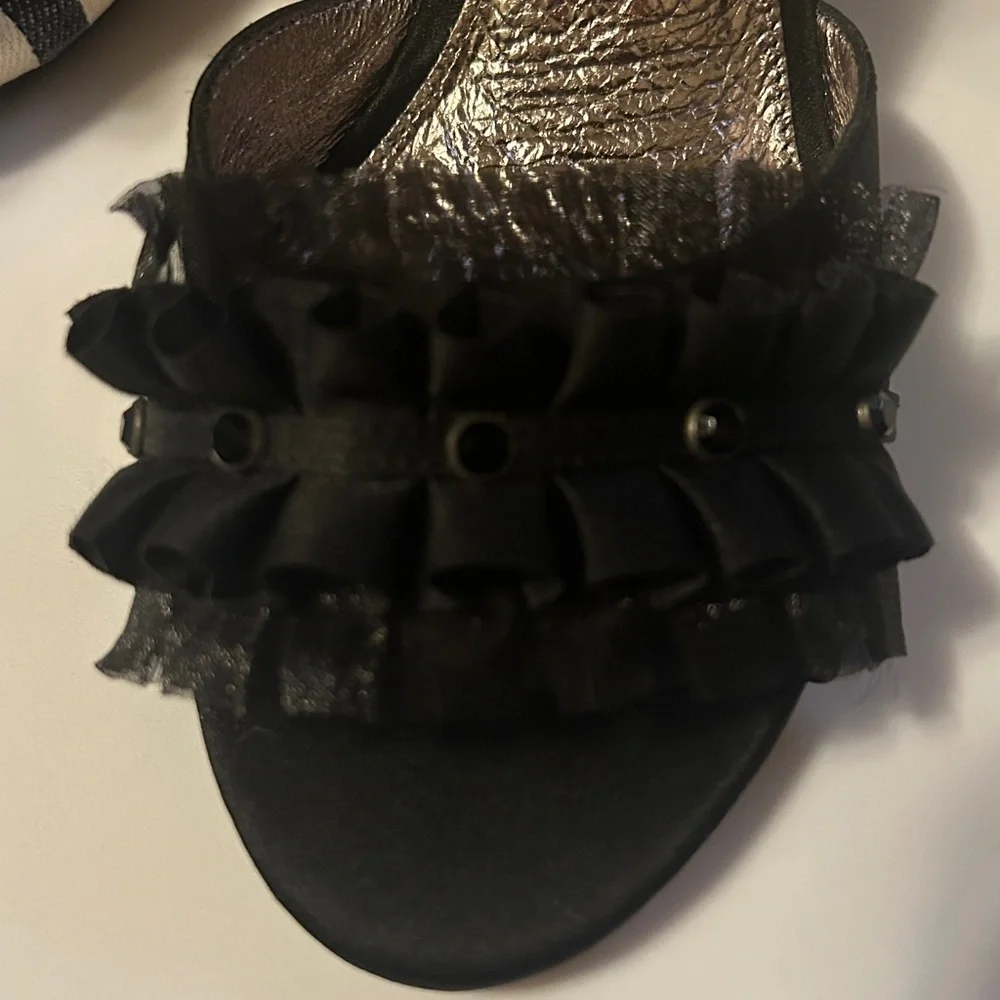 Adrianna Papell Black Satin Peep-toe Ankle Strap Heels with Beaded Ruffles